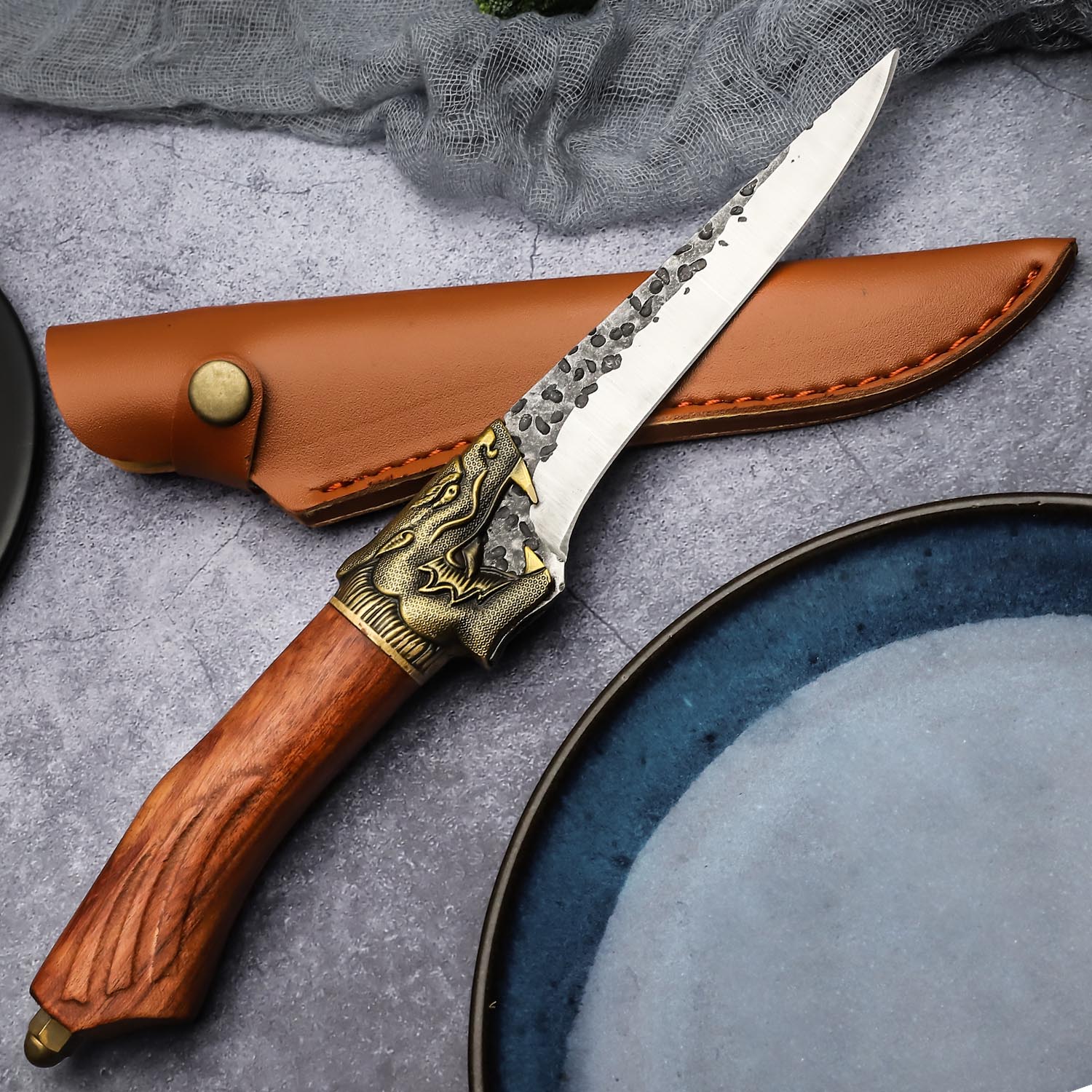 Hand Forged Fishing Fillet Kitchen Knife Slicing Knife for Deboning, Outdoor Camping