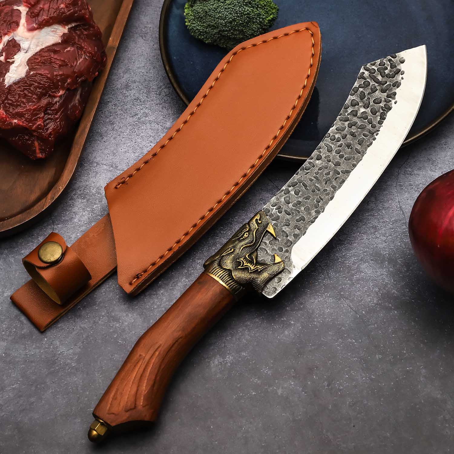 Handmade Forged Kitchen Chef Knife Forged Steak Knife with Leather Knife Sheath